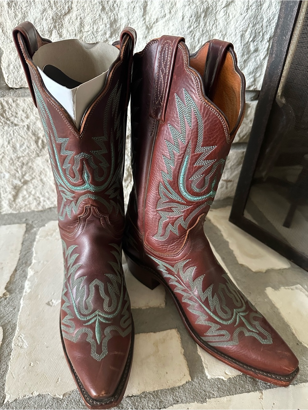 Lucchese Brown Leather Western Boots with Teal Stitching - Picture 2 of 5